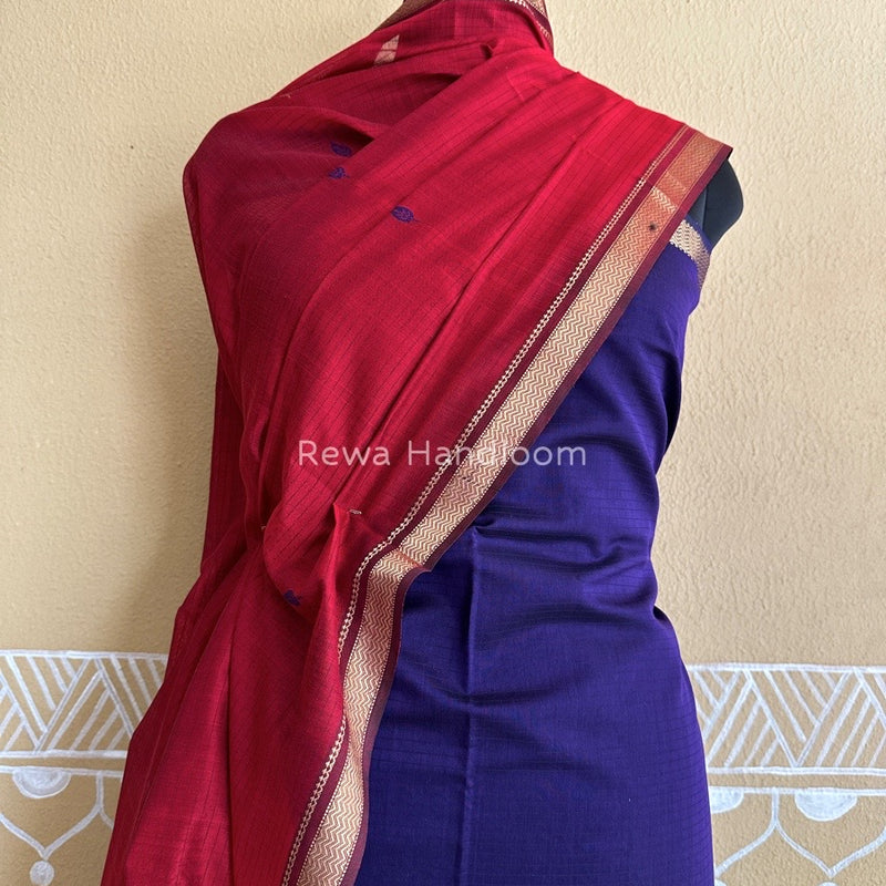 Maheshwari Dark Blue-Red Motifs Top-Dupatta Set PST0141