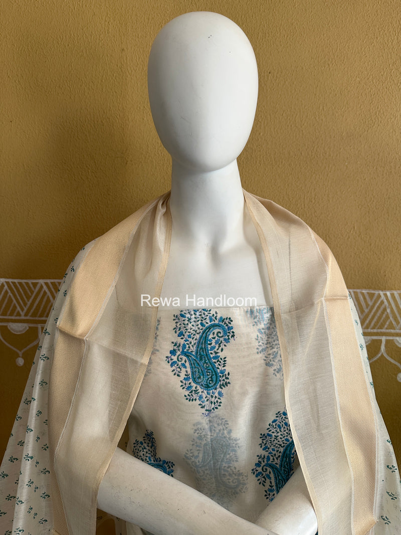 Maheshwari White Handblock Print Top-Dupatta HBS0226