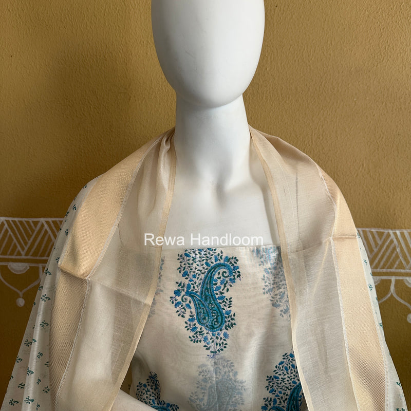 Maheshwari White Handblock Print Top-Dupatta HBS0226