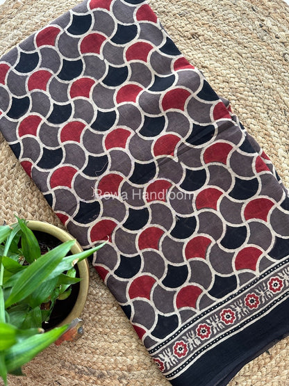 Grey Ajark Print Cotton Saree AJP012