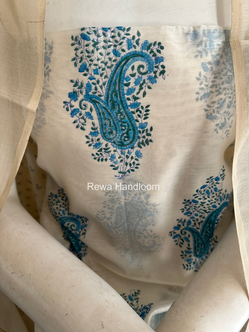 Maheshwari White Handblock Print Top-Dupatta HBS0226