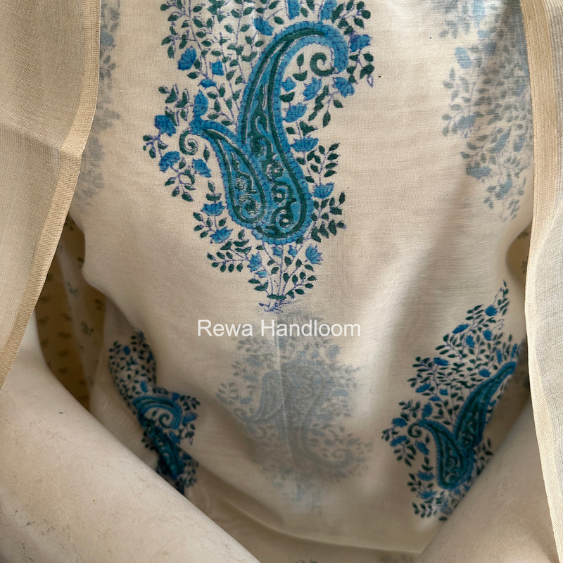 Maheshwari White Handblock Print Top-Dupatta HBS0226