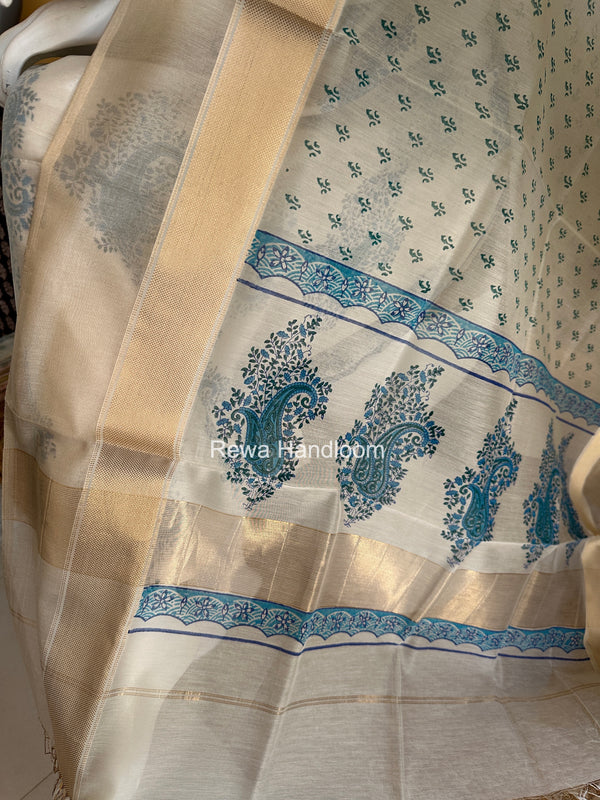 Maheshwari White Handblock Print Top-Dupatta HBS0226