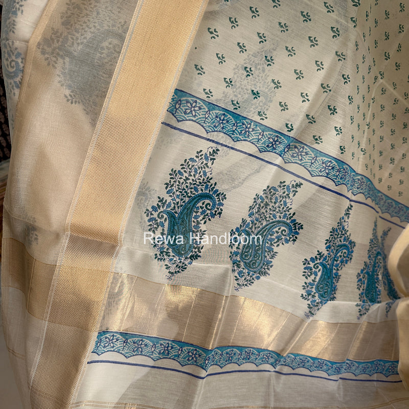 Maheshwari White Handblock Print Top-Dupatta HBS0226