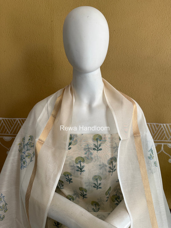 Maheshwari White Handblock Print Top-Dupatta HBS0223