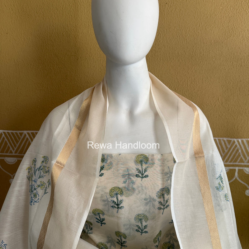 Maheshwari White Handblock Print Top-Dupatta HBS0223