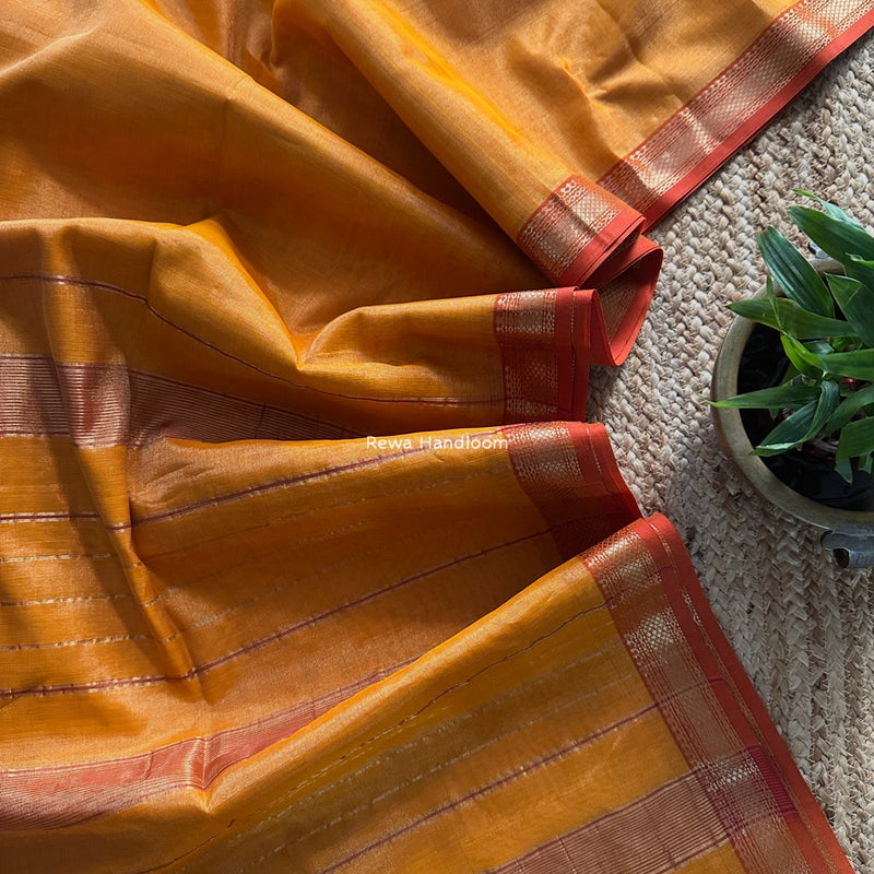 Maheshwari Turmeric Yellow Tissue Silk Saree TB027