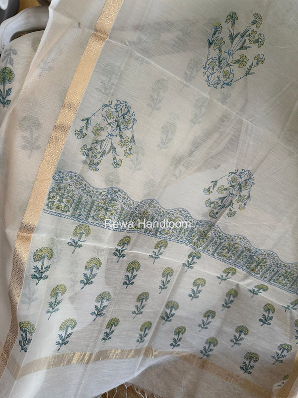 Maheshwari White Handblock Print Top-Dupatta HBS0223