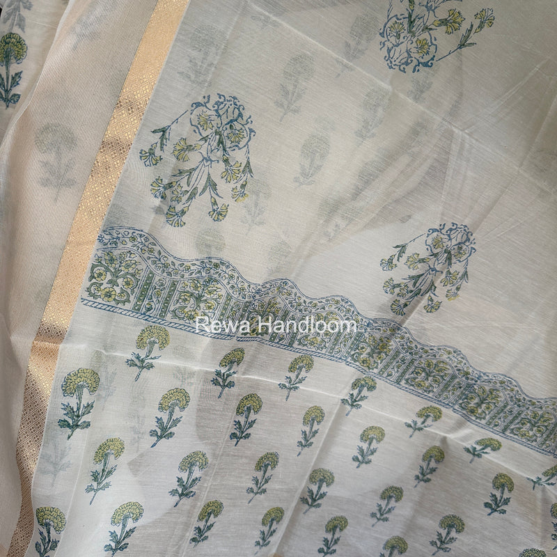 Maheshwari White Handblock Print Top-Dupatta HBS0223