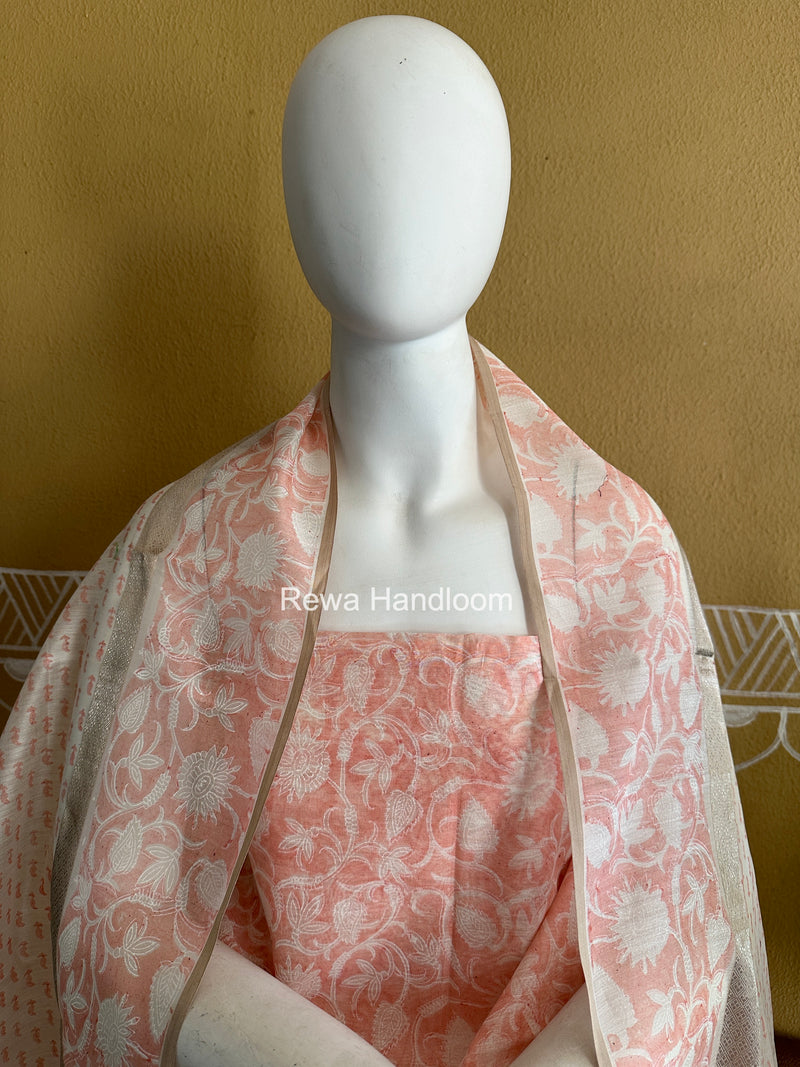 Maheshwari Peach Handblock Print Top-Dupatta HBS0224