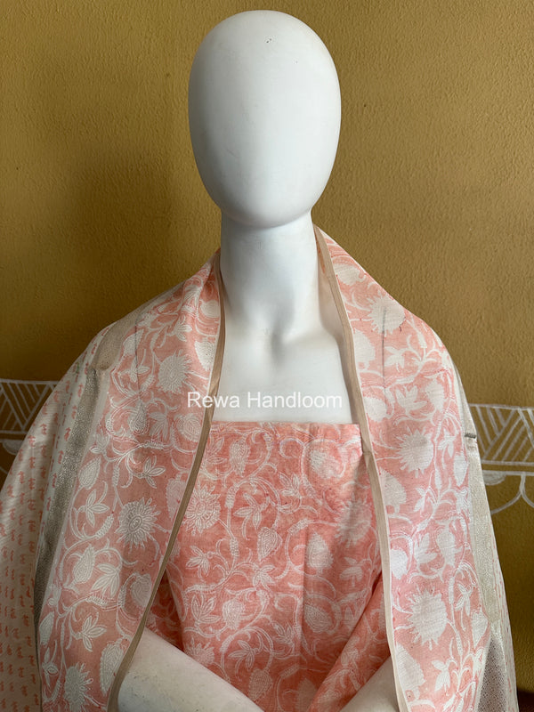 Maheshwari Peach Handblock Print Top-Dupatta HBS0224