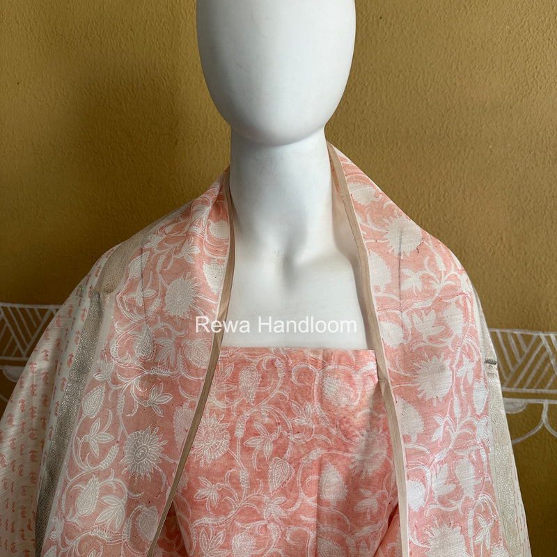 Maheshwari Peach Handblock Print Top-Dupatta HBS0224