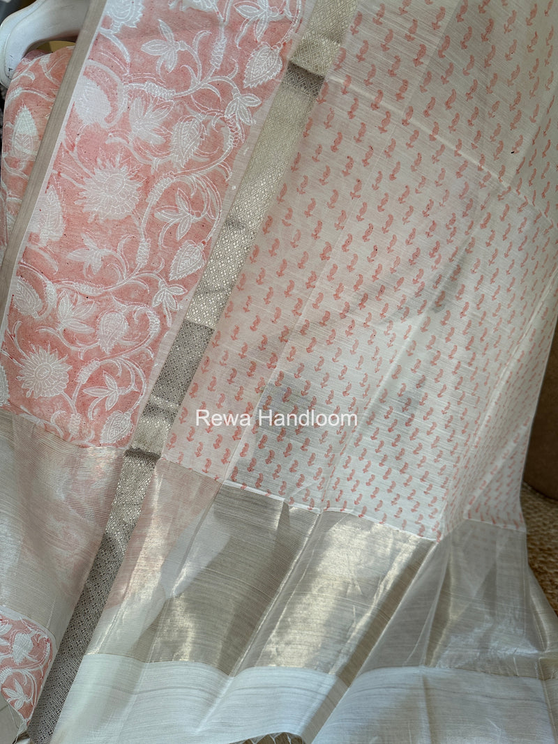 Maheshwari Peach Handblock Print Top-Dupatta HBS0224