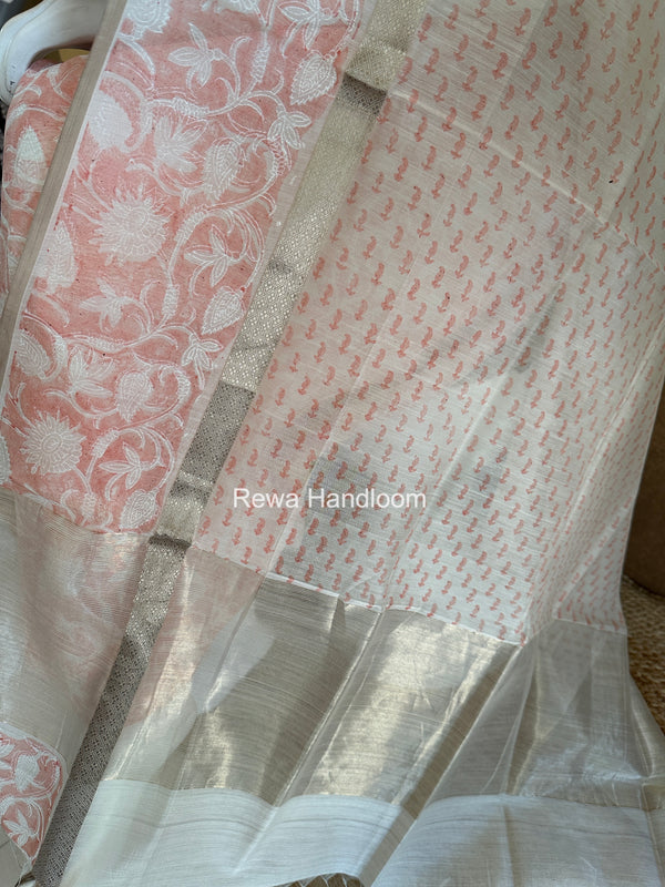 Maheshwari Peach Handblock Print Top-Dupatta HBS0224