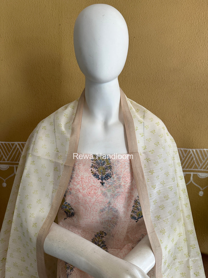 Maheshwari White Handblock Print Top-Dupatta HBS0235