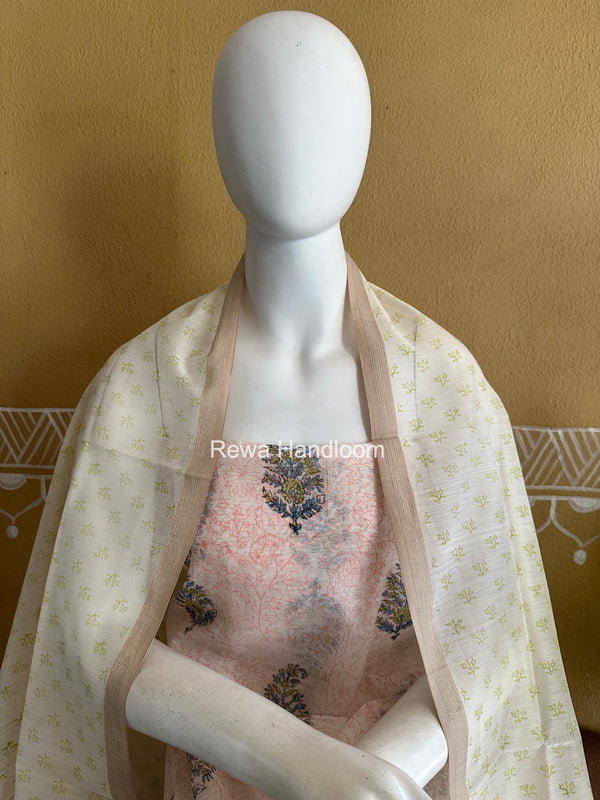 Maheshwari White Handblock Print Top-Dupatta HBS0235