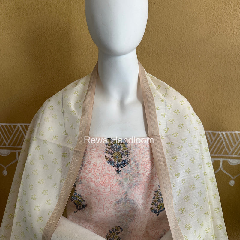 Maheshwari White Handblock Print Top-Dupatta HBS0235