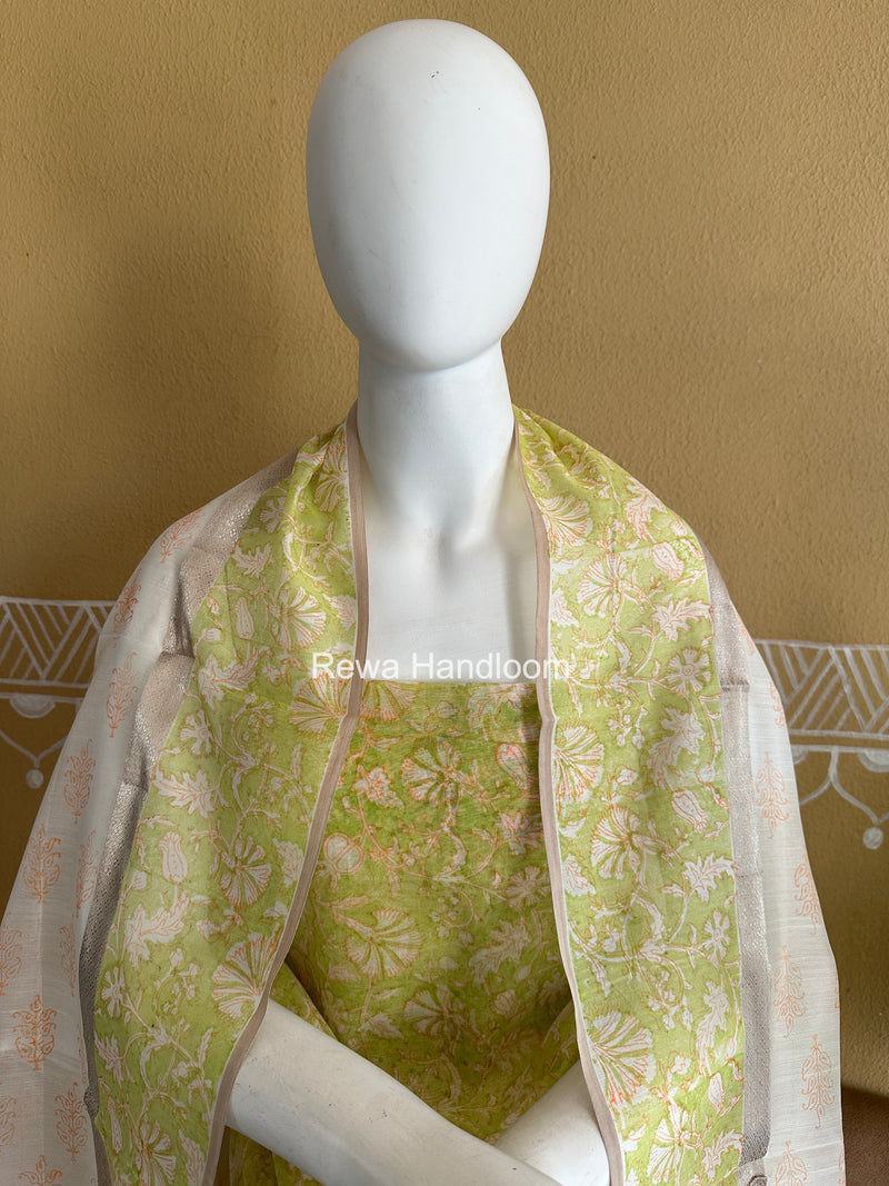 Maheshwari Green Handblock Print Top-Dupatta HBS0225