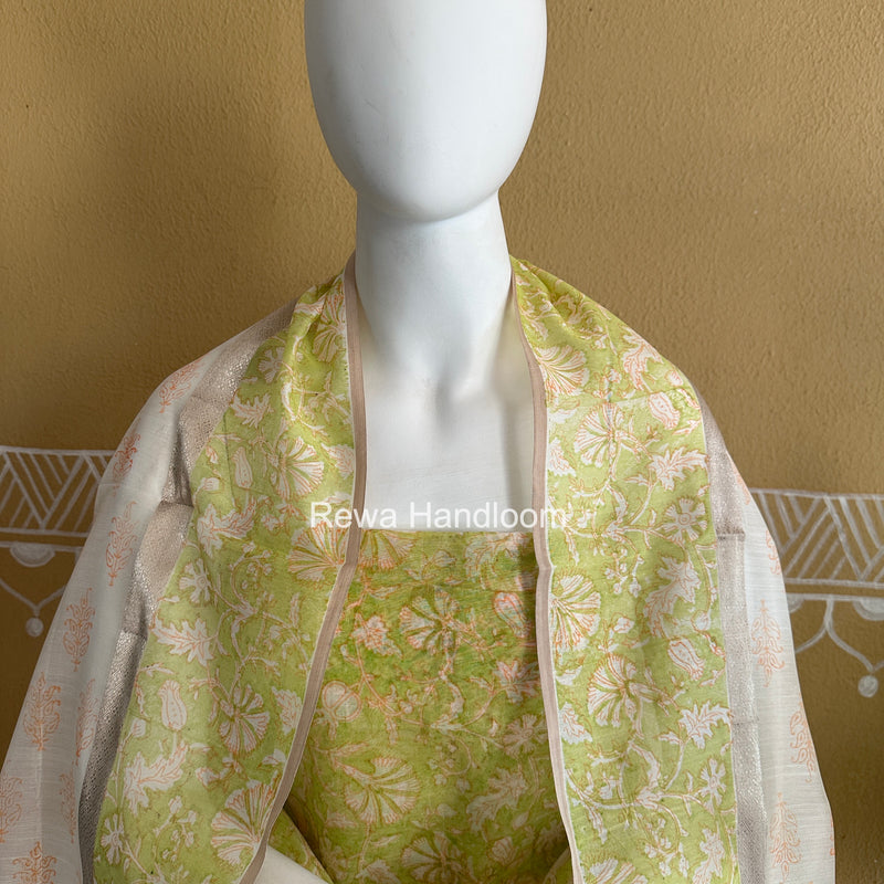 Maheshwari Green Handblock Print Top-Dupatta HBS0225