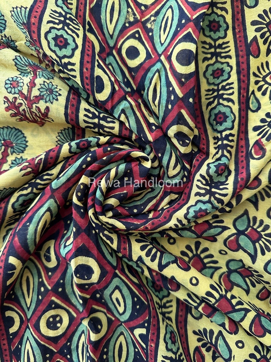 Yellow Ajark Print Cotton Saree AJP05