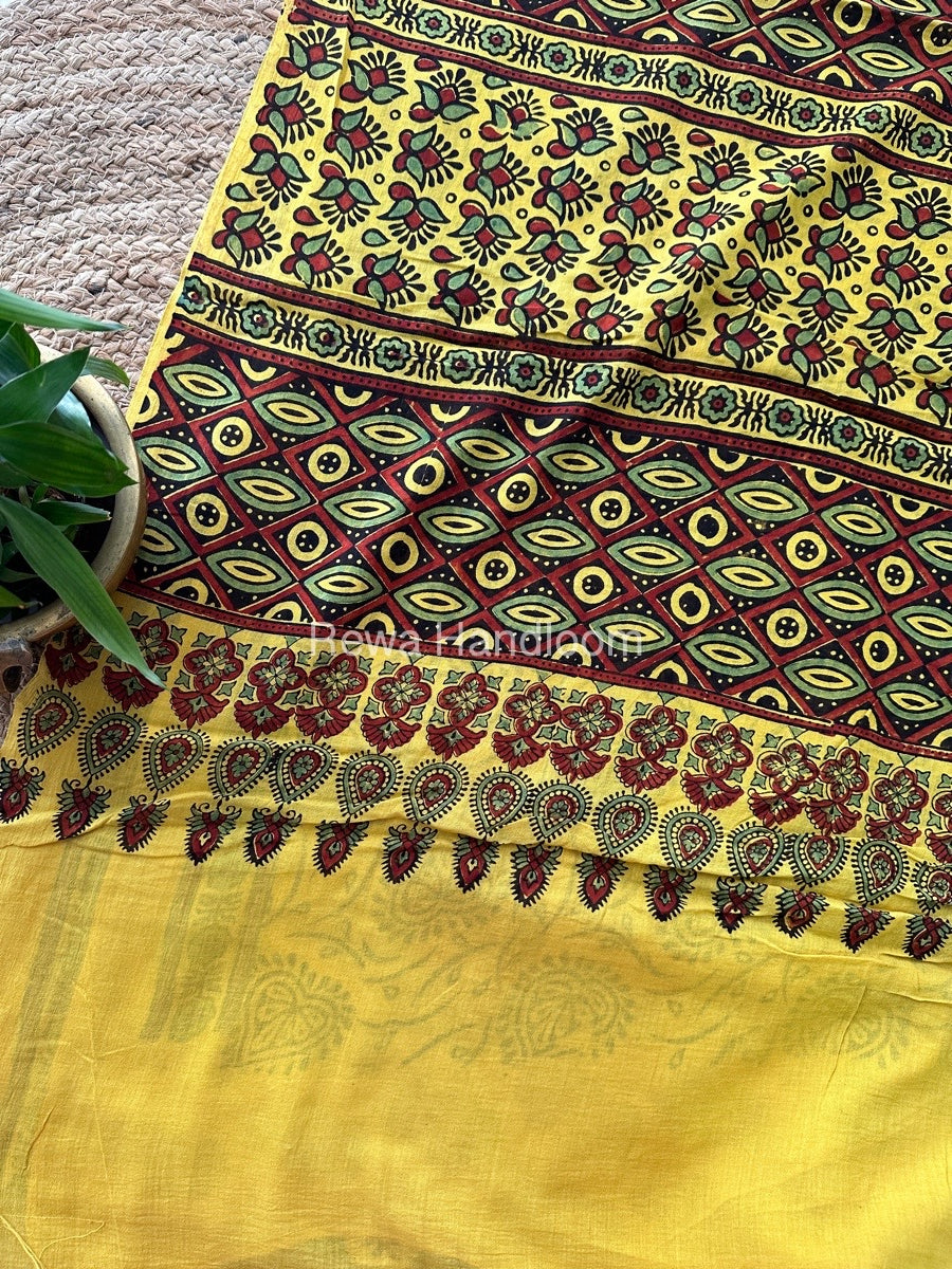 Yellow Ajark Print Cotton Saree AJP05