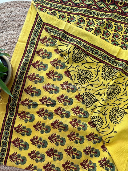 Yellow Ajark Print Cotton Saree AJP05