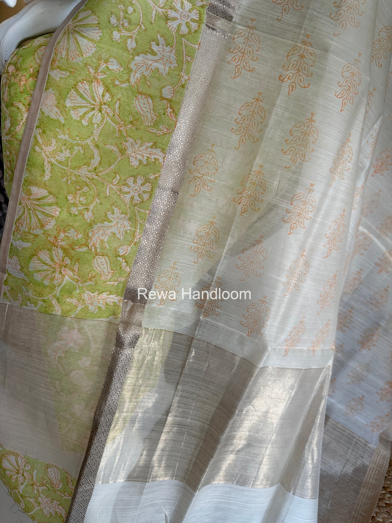 Maheshwari Green Handblock Print Top-Dupatta HBS0225