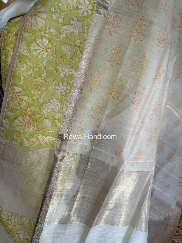 Maheshwari Green Handblock Print Top-Dupatta HBS0225