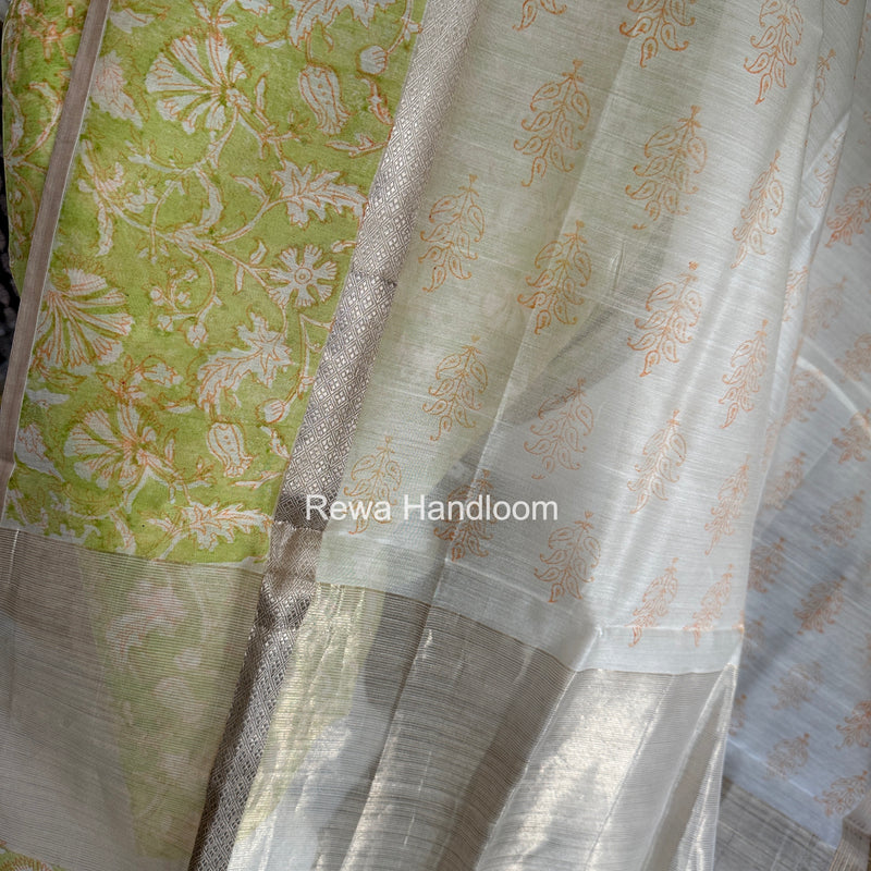 Maheshwari Green Handblock Print Top-Dupatta HBS0225