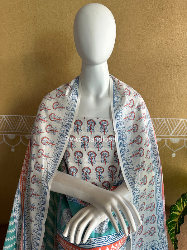 White-Aqua Green Indigo Bagh Print Suit BCI090