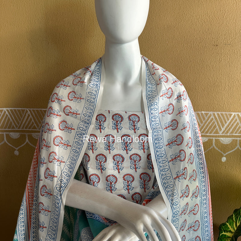 White-Aqua Green Indigo Bagh Print Suit BCI090