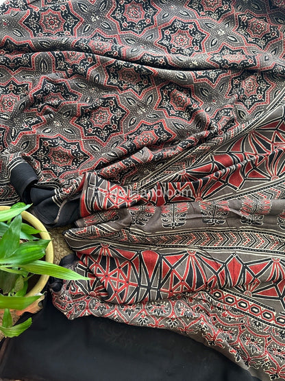 Olive Grey Ajark Print Cotton Saree AJP011