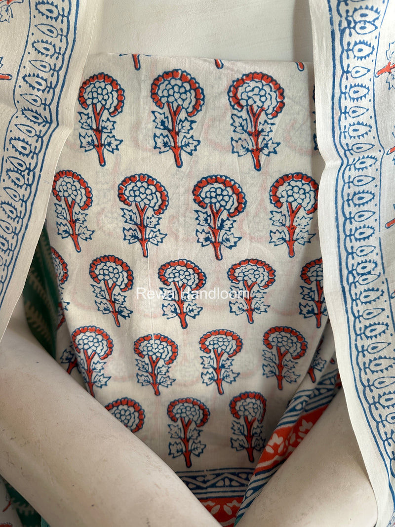 White-Aqua Green Indigo Bagh Print Suit BCI090