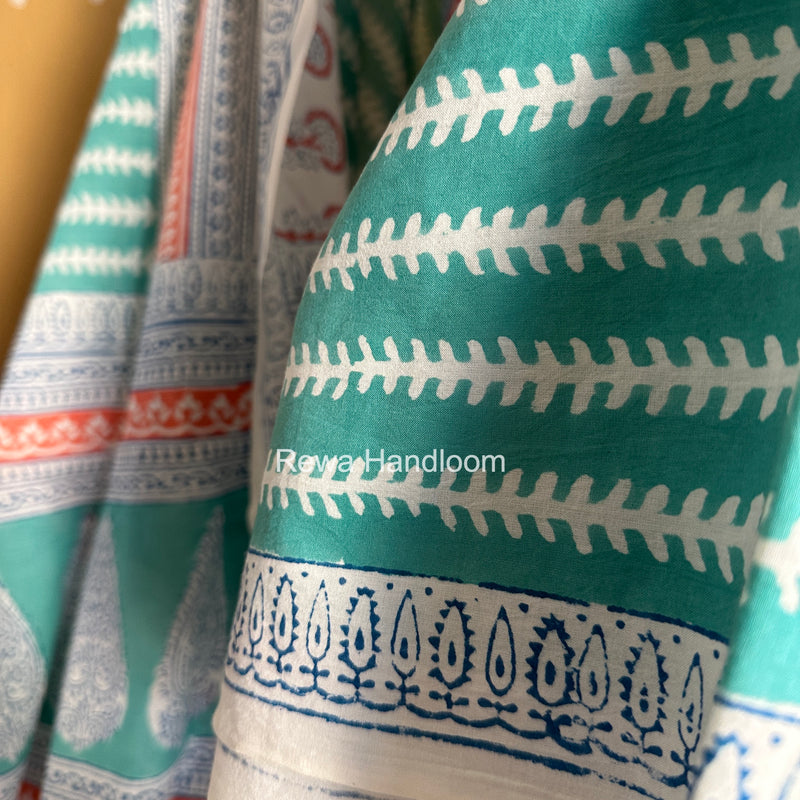 White-Aqua Green Indigo Bagh Print Suit BCI090