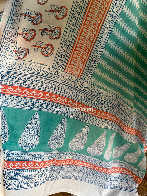 White-Aqua Green Indigo Bagh Print Suit BCI090
