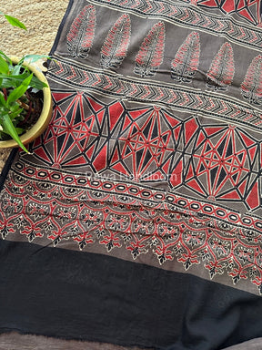 Olive Grey Ajark Print Cotton Saree AJP011