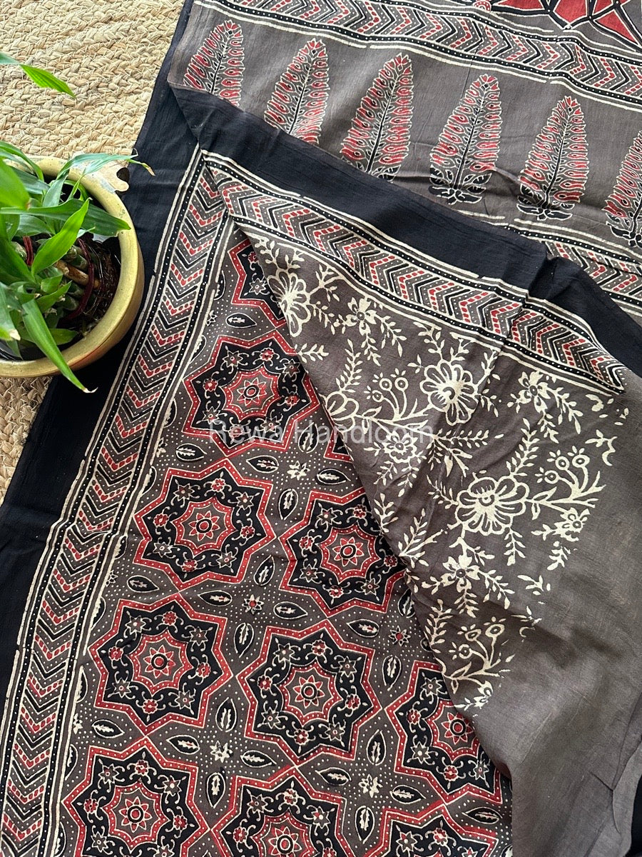 Olive Grey Ajark Print Cotton Saree AJP011