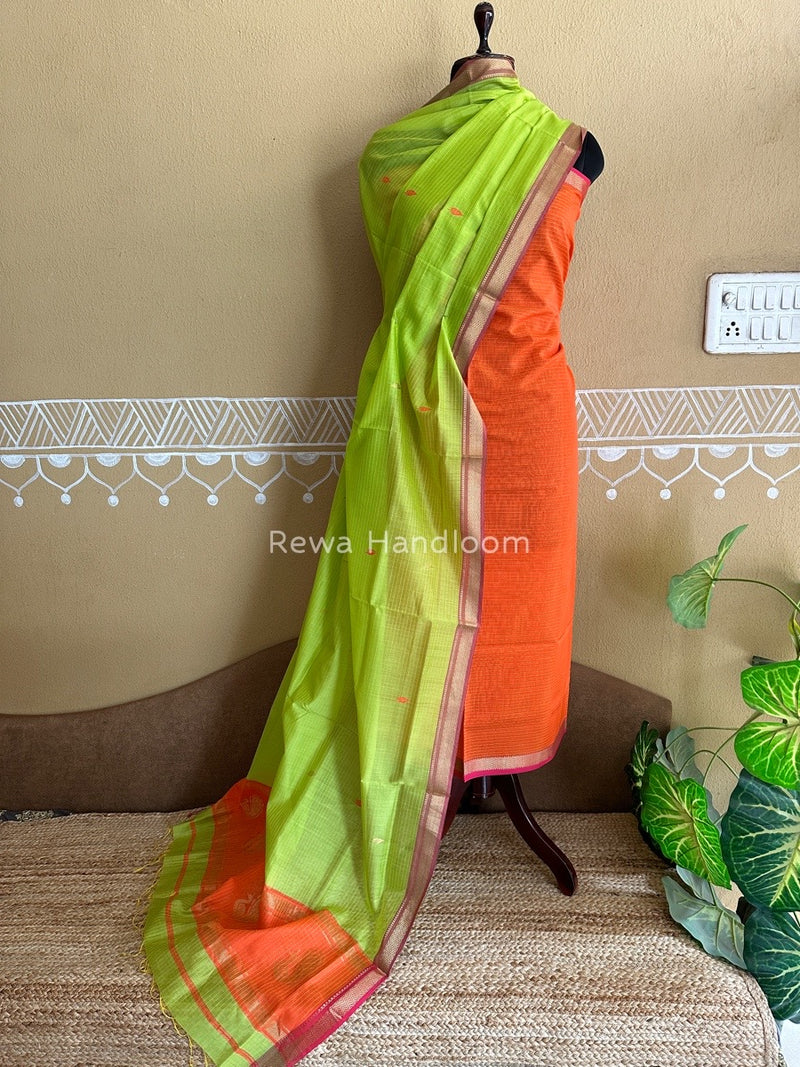 Maheshwari Orange-Parrot Green Motifs Top-Dupatta Set MS07 Maheshwari Orange-Parrot Green Motifs Top-Dupatta Set MS07