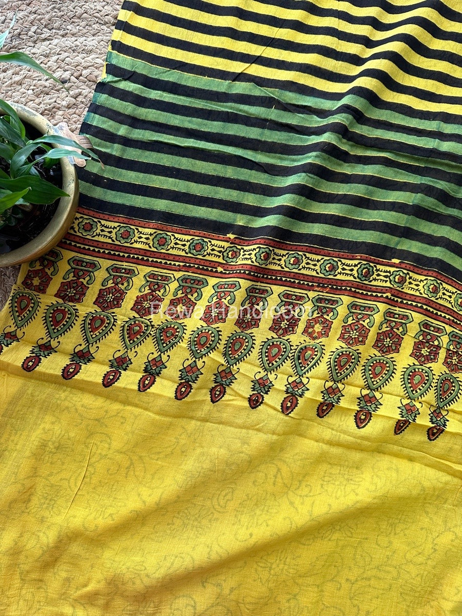 Yellow Ajark Print Cotton Saree AJP07