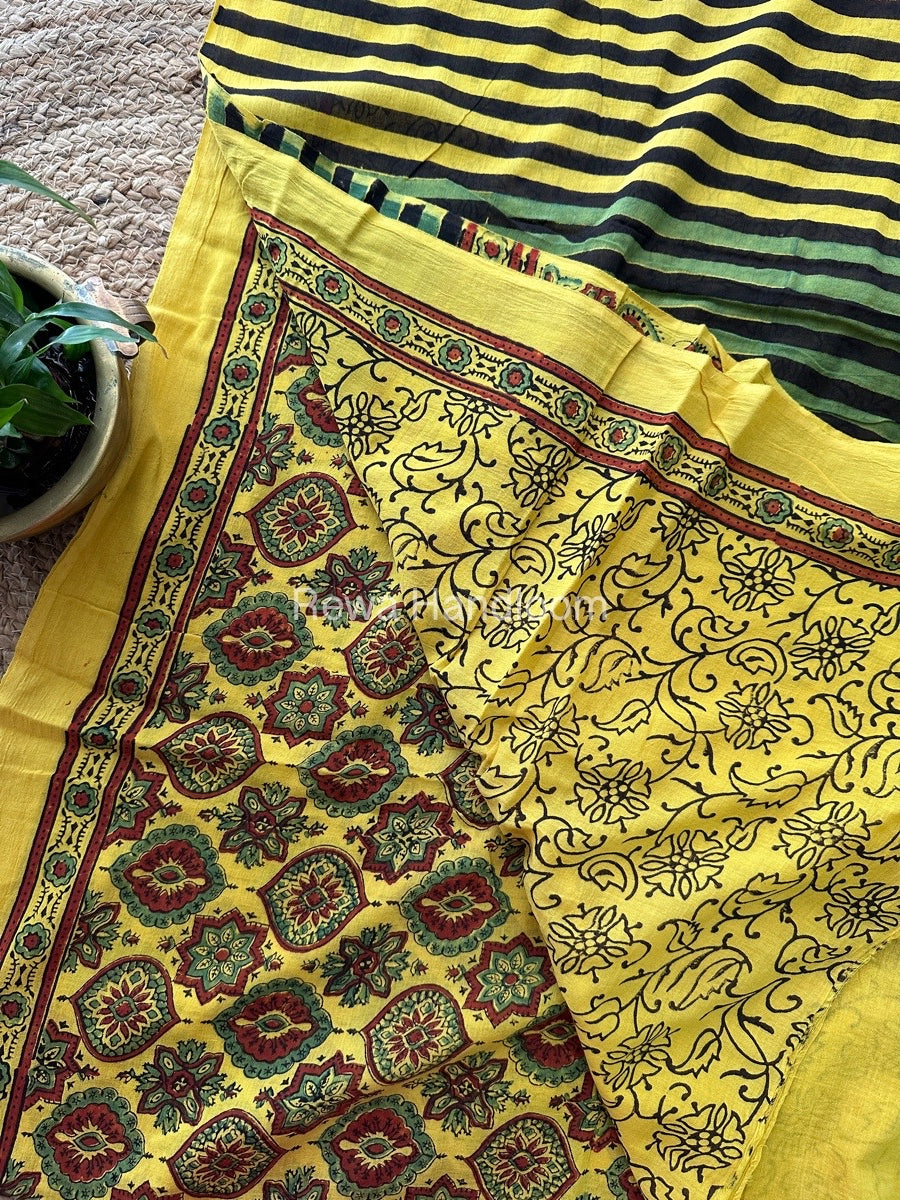 Yellow Ajark Print Cotton Saree AJP07