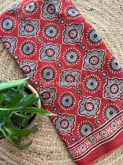 Rust Red Ajark Print Cotton Saree AJP04