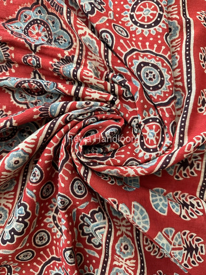 Rust Red Ajark Print Cotton Saree AJP04