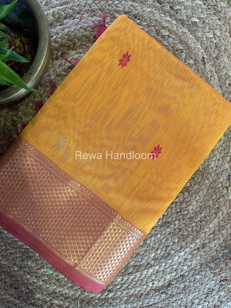 Turmeric Yellow Zari Butti Maheshwari Saree JBS063