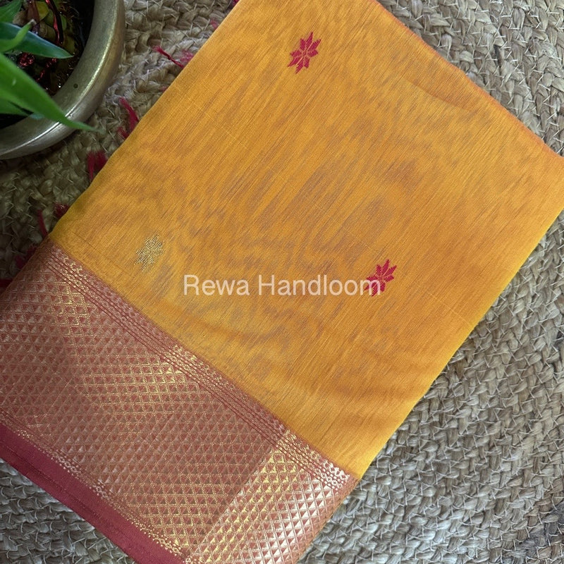 Turmeric Yellow Zari Butti Maheshwari Saree JBS063