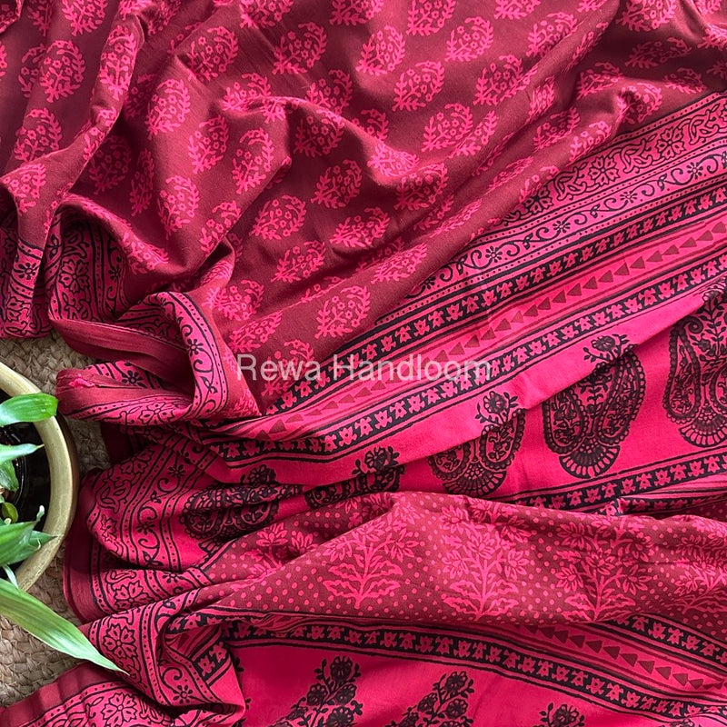 Rani Pink Bagh Print Cotton Saree NCBP103