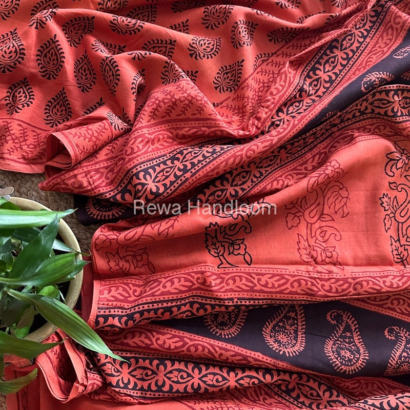 Orange Bagh Print Cotton Saree NCBP04