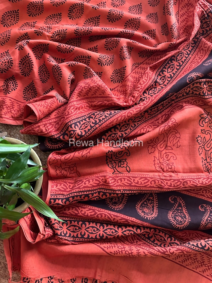 Orange Bagh Print Cotton Saree NCBP04