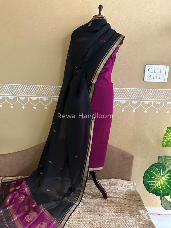 Maheshwari Magenta-Black Motifs Top-Dupatta Set PST0142