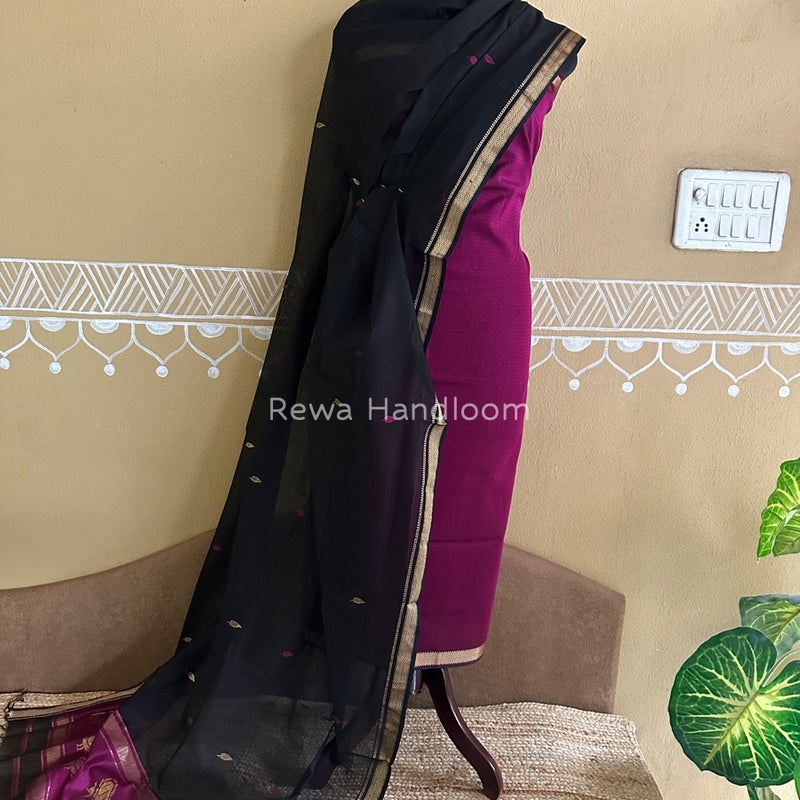 Maheshwari Magenta-Black Motifs Top-Dupatta Set PST0142