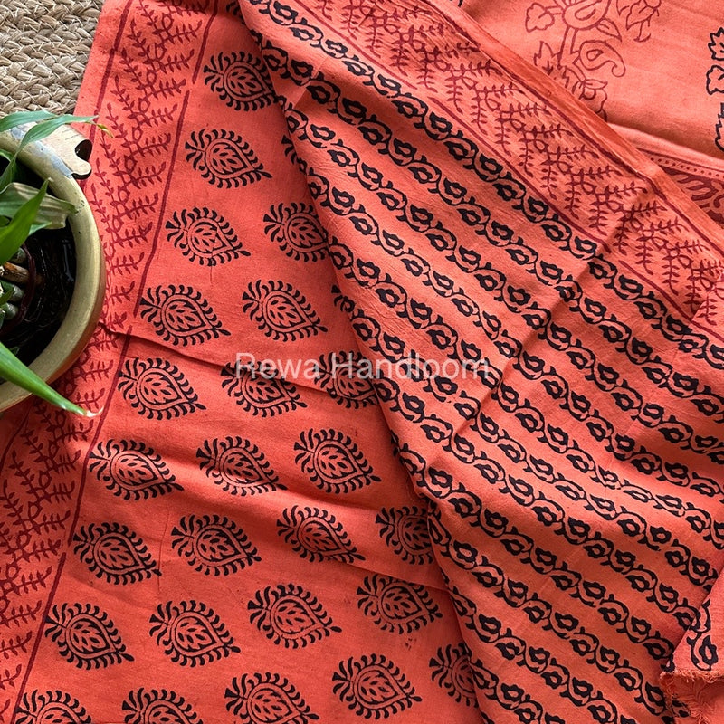 Orange Bagh Print Cotton Saree NCBP04